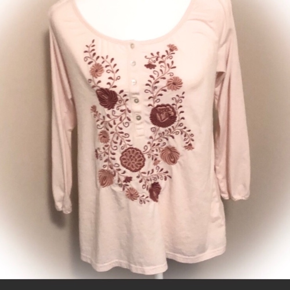 GARNET HILL Pink Embroidered Peasant Blouse- Small